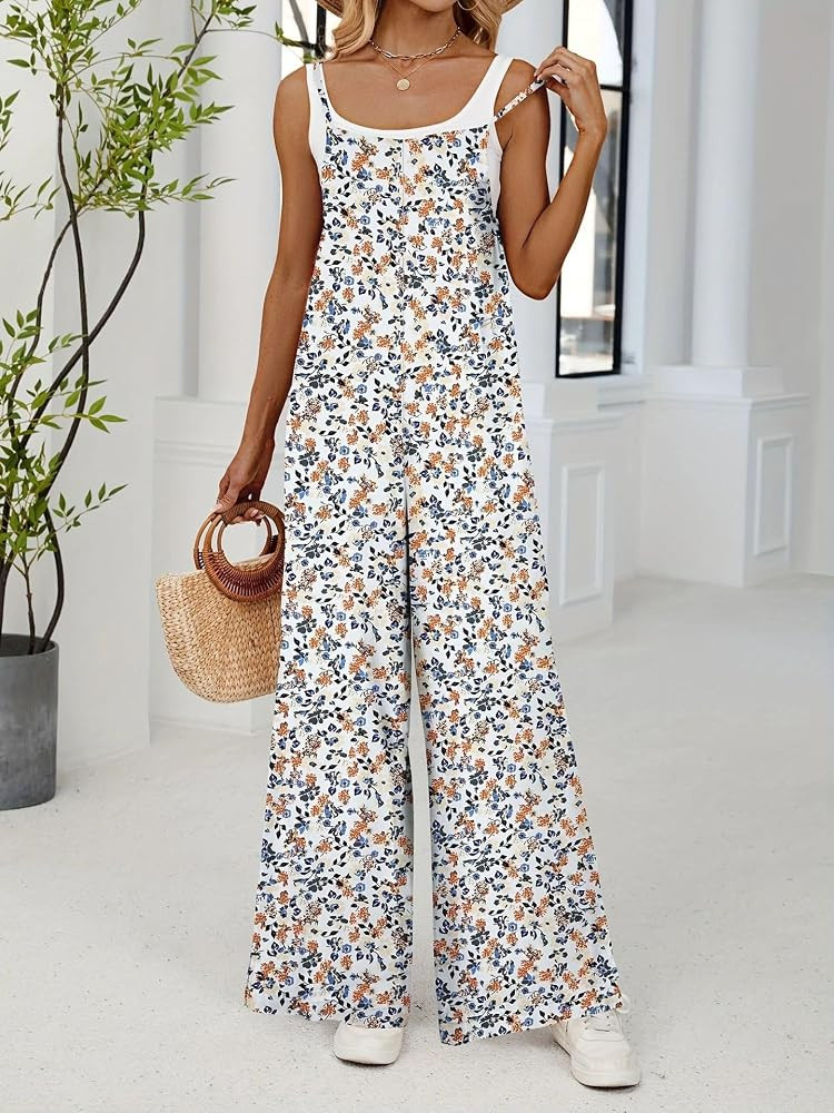 Amazon.com: Womens Floral Print Jumpsuit - Casual Sleeveless Spaghetti Strap Wide Leg One Piece R... | Amazon (US)
