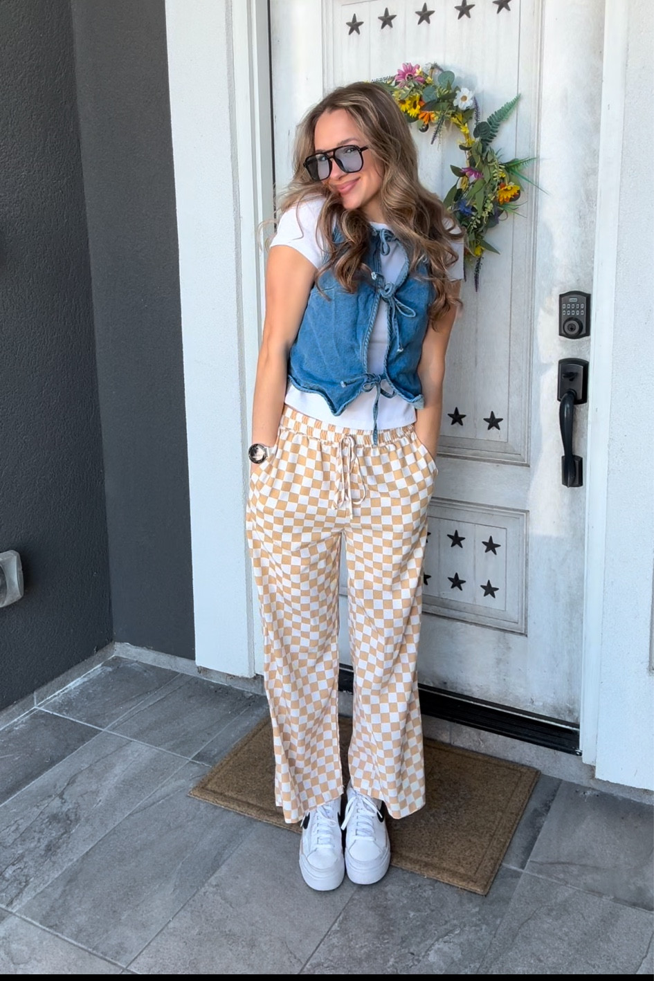Front tie denim top with checkered pants and Nike platform sneakers 

#LTKCyberWeek #LTKSaleAlert #LTKFindsUnder50