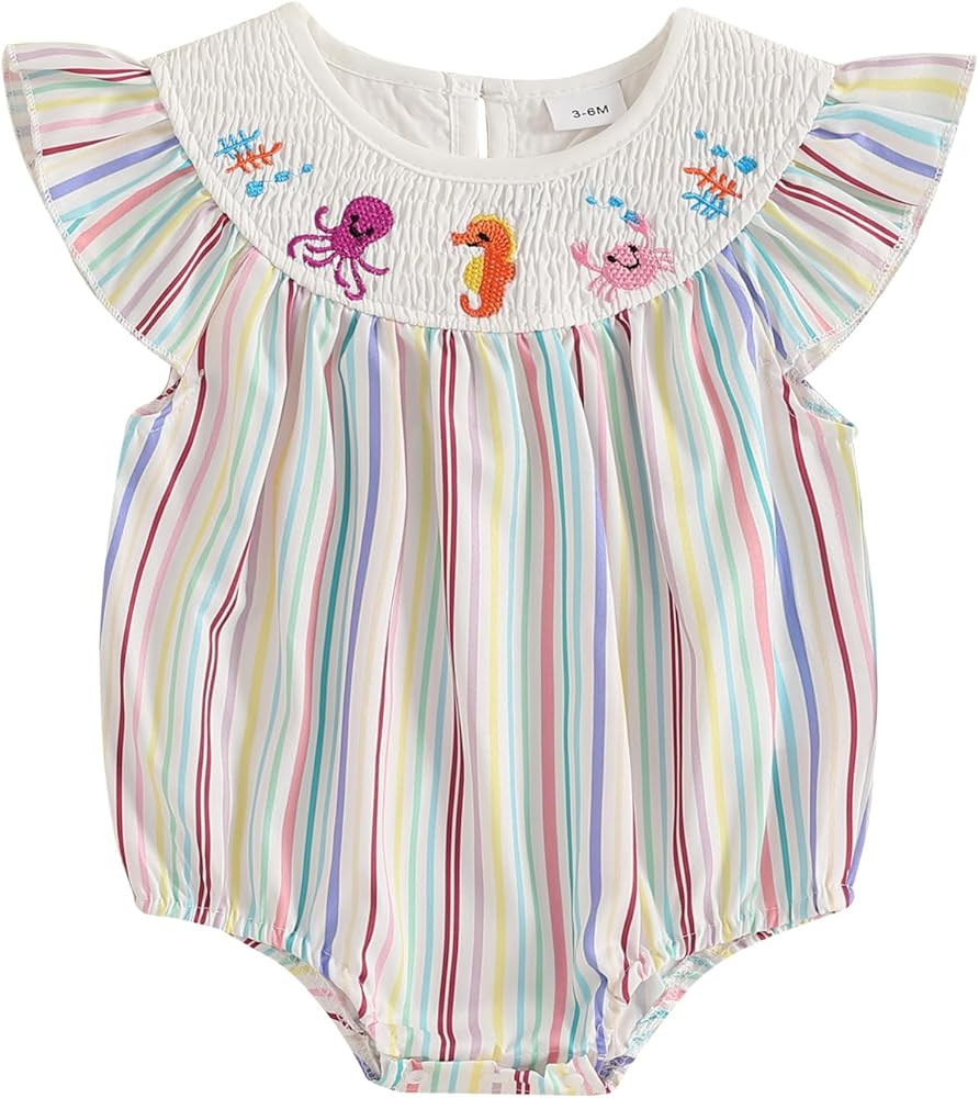 Baby Girl Romper Stripes Smocked Bodysuit Newborn Bubble Romper Infant Summer Festival Clothes | Amazon (US)