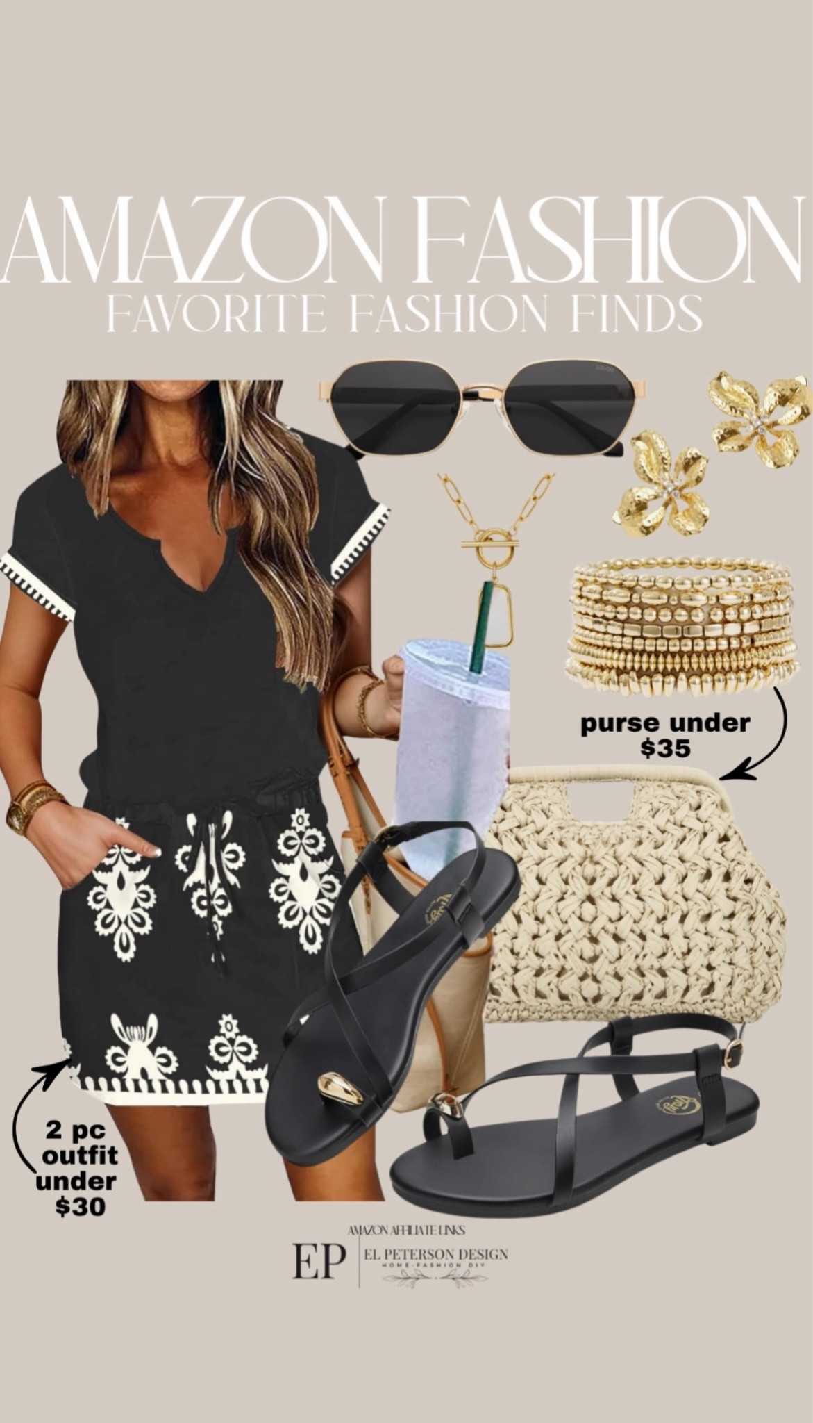 Amazon 
Sunglasses
2 pc outfit
Bracelet 
Earrings
Purse
Sandals
Necklace 