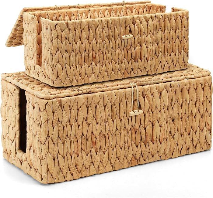 Cable Management Box with Lid, 2Pack Handwoven Real Water Hyacinth Cord Hider Organizer Boxes, 2 ... | Amazon (US)