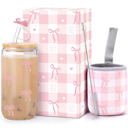 Coquette Cute Pink Bow Glass Cups with Lids and Straws, 16oz Aesthetic Iced Coffee Cup, Girly Preppy Design Drinking Tumbler Mug, Trendy Stuff Birthday Christmas Gifts for Women Teen Girl | Amazon (US)