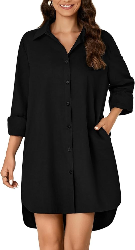 Vrtige Women's Casual Collar V Neck Button Down Long Sleeve Tunic Mini Short Shirt Dress with Poc... | Amazon (US)