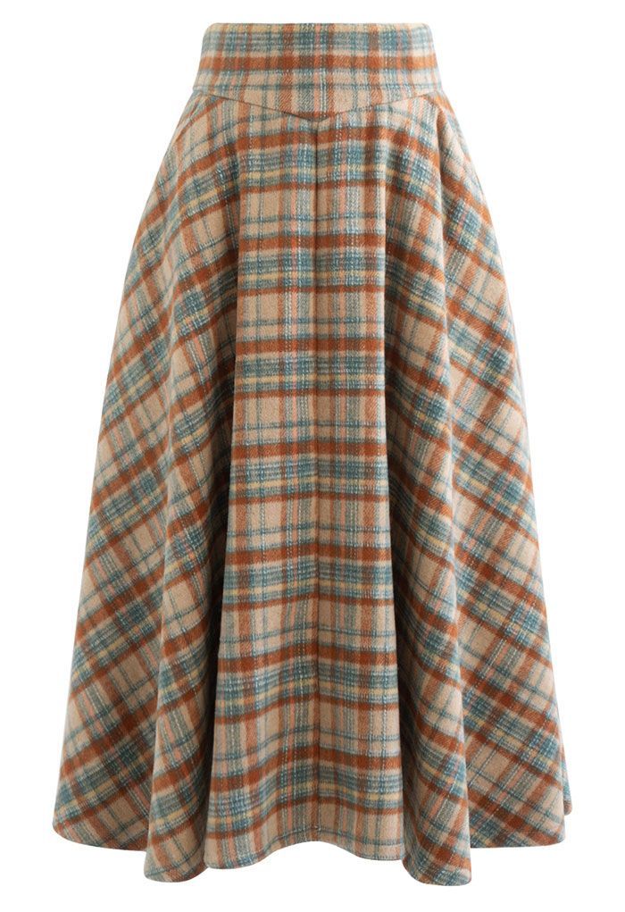 Multicolor Check Print Wool-Blend A-Line Skirt in Camel | Chicwish