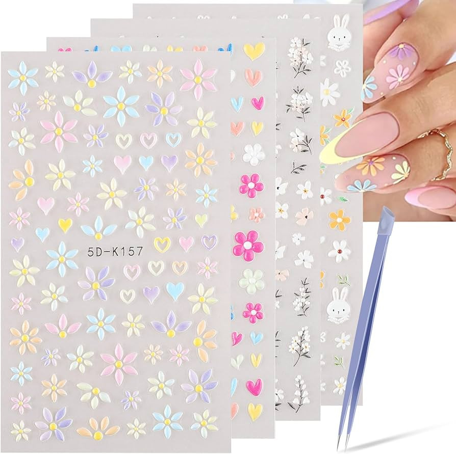 Flower Nail Art Stickers, 5D Embossed Nail Decals Nail Art Design Self Adhesive Nail Supplies wit... | Amazon (US)