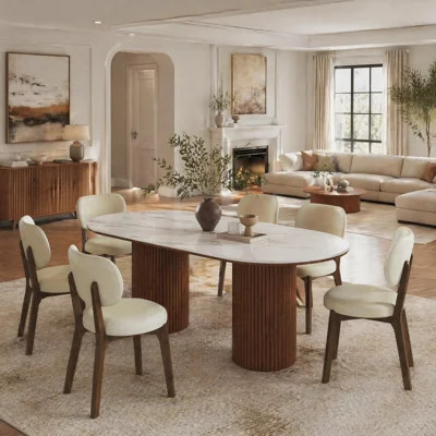 Light Luxury Sintered Stone Dining Table Set of 7, 180cm Matte Snow Mountain Rock Slab Dinner Table with Solid Wood Base and 6 Leather Padded Chairs f | Wayfair North America