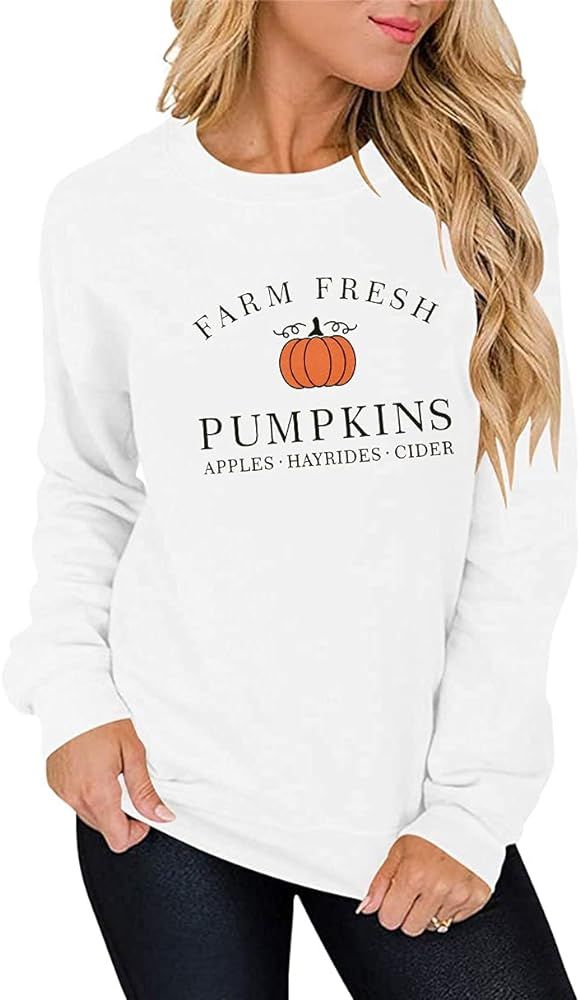 Farm Fresh Pumpkins Apples Hayrides Cider Fall Sweatshirt Women Funny Letter Print Halloween Than... | Amazon (US)