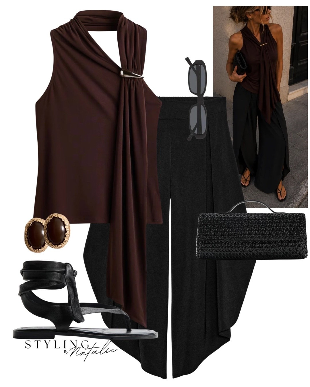 Halter neck top with metal detail and scarf, vented flowy trousers, black leather tie up sandals, braided clutch bag and statement earrings. 
🏷️ Zara, Mango, H&M, date night, summer fashion, holiday outfit, evening wear, cool girl style, effortless outfit, high street, London, Ibiza, vacation look.

#LTKsummer #LTKeurope #LTKdatenight