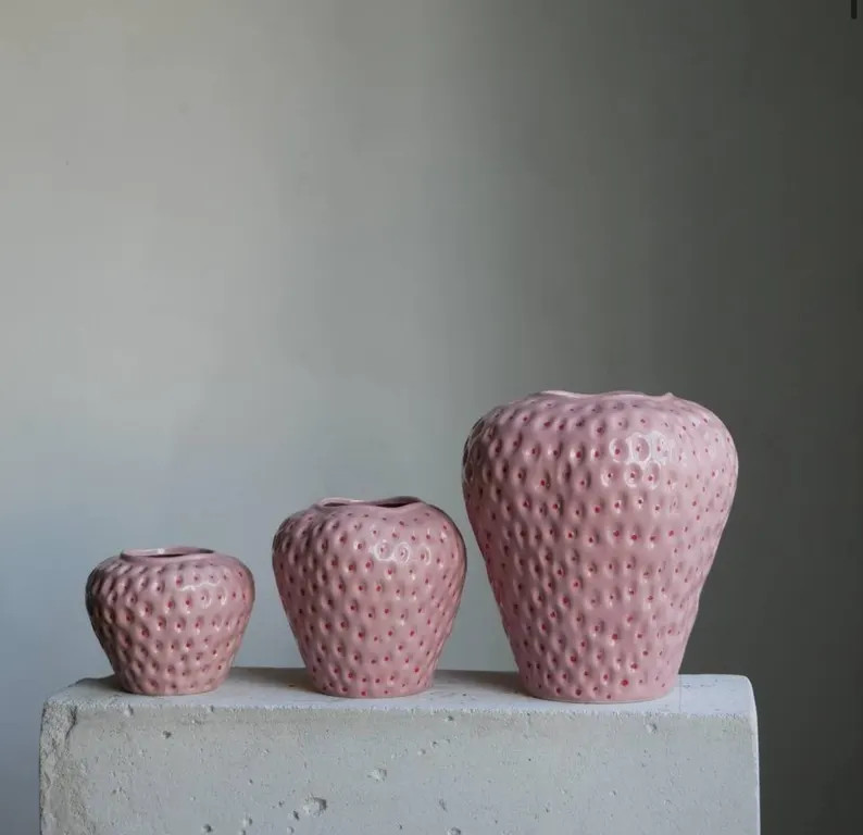 Strawberry-shaped Ceramic Vase | Pink Glazed Fruit Vase | Whimsical Home Decor | Bold Fruit Decor... | Etsy (US)