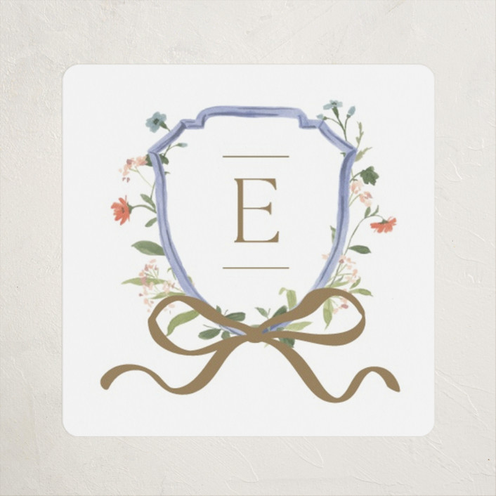 "Floral Crested" - Customizable Custom Name Labels in Blue by Everett Paper Goods. | Minted