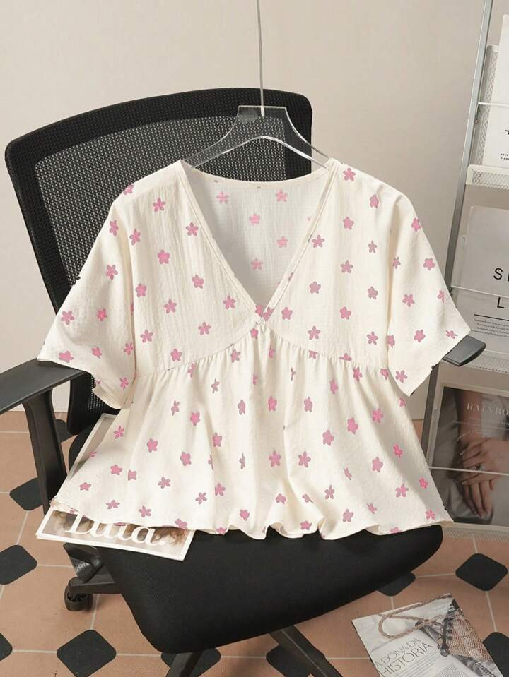 Chiquease Women's Ruched 3D Floral Puff Sleeve Blouse | SHEIN