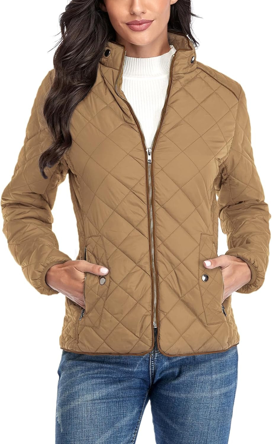 Women's Lightweight Quilted Jacket Stand Collar Zip Warm Winter Coat Outwear w 2 Pockets | Amazon (US)