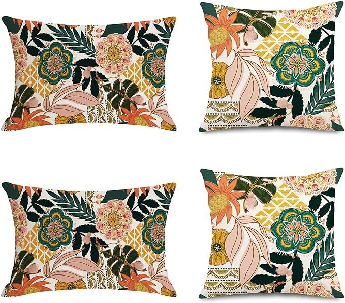 Boho Floral Outdoor Lumbar Pillow Covers Waterproof Bohemian Blooming Flowers Porch Pillows for P... | Amazon (US)