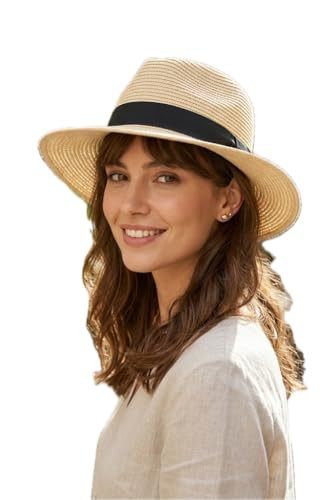Women's Wide Brim Straw Sun Hat with Black Ribbon Band, Foldable Beach Panama Hat, UPF 50 Sun Protection (Creamy Oat) | Amazon (US)