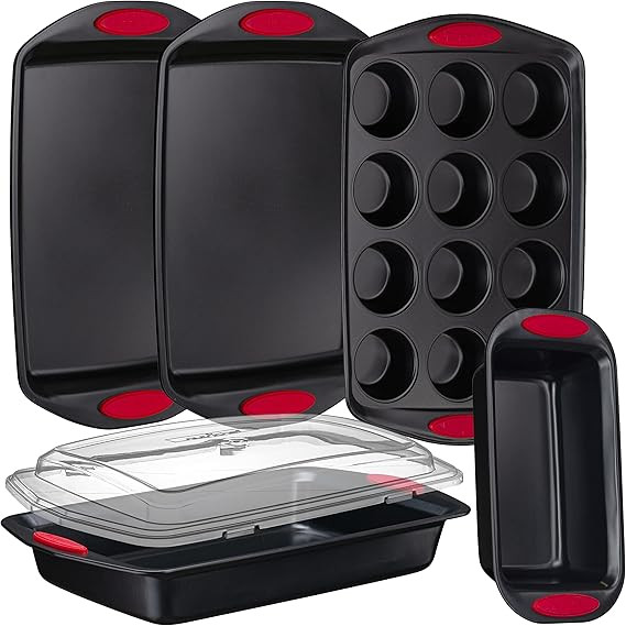 NutriChef 6-Piece Baking Pan Set - Carbon Steel Stackable Bakeware with Red Silicone Handles & No... | Amazon (US)