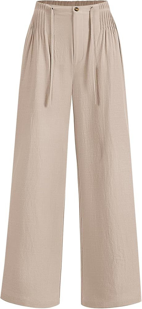 LOMON Womens Linen Pants Summer Wide Leg Cotton Pants Drawstring Elastic Waist Casual Loose Slack... | Amazon (US)