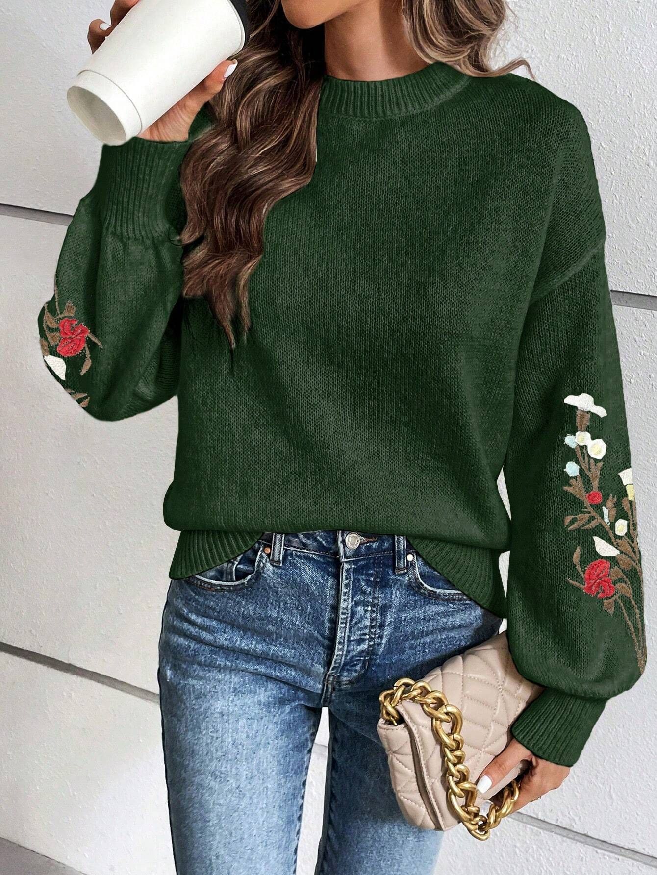 SHEIN Essnce Floral Embroidery Drop Shoulder Sweater | SHEIN