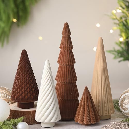 Weysat 5 Pcs Neutral Velvet Christmas Tree Decorations Modern Christmas Cone Trees Decoration Minimalist Flocked Tabletop Centerpieces for Holiday Entryway Table Mantel Xmas Party | Amazon (US)