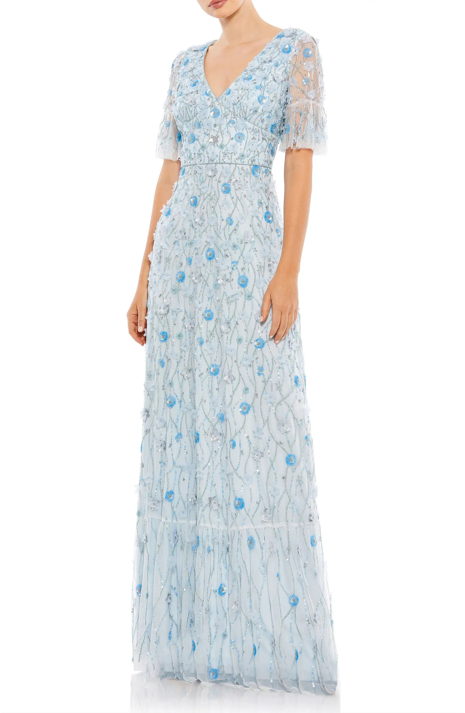 Embellished V Neck Empire Waist Ruffle Hem Gown | Nordstrom