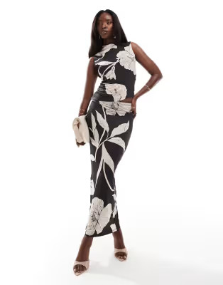 ASOS DESIGN co-ord slinky grown on neck top with asymmetric hem in oversized mono floral | ASOS (Global)