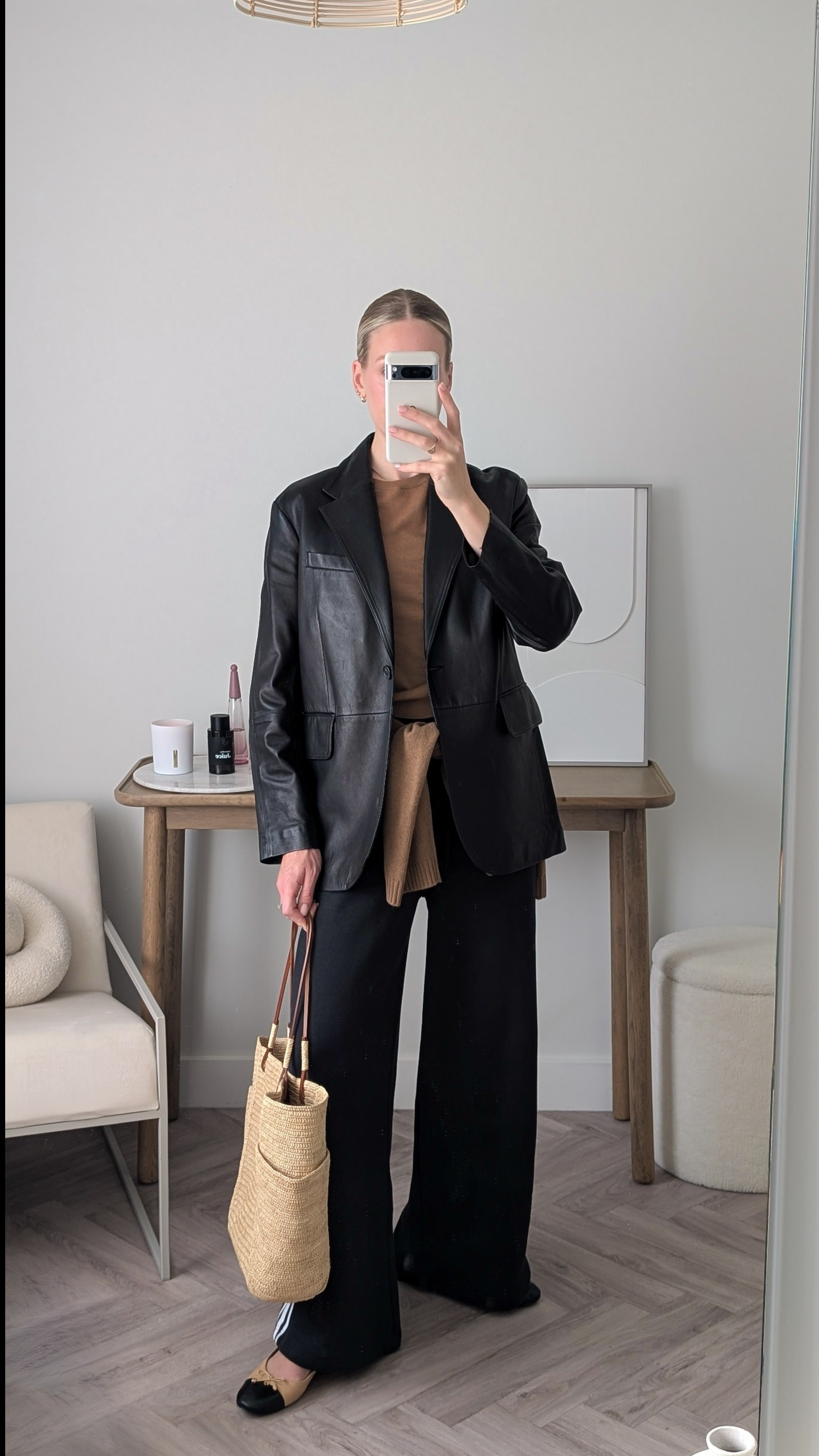 90s leather blazer outfit styled with wide leg joggers and ballet flats. The straw bags adds contrast and texture to an autumnal focused outfit 

#LTKeurope #LTKstyletip #LTKautumn