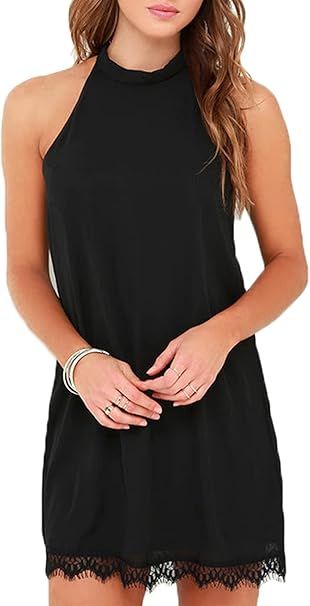Fantaist Women's Sleeveless Halter Neck Patchwork Lace Mini Casual Shift Dress | Amazon (US)