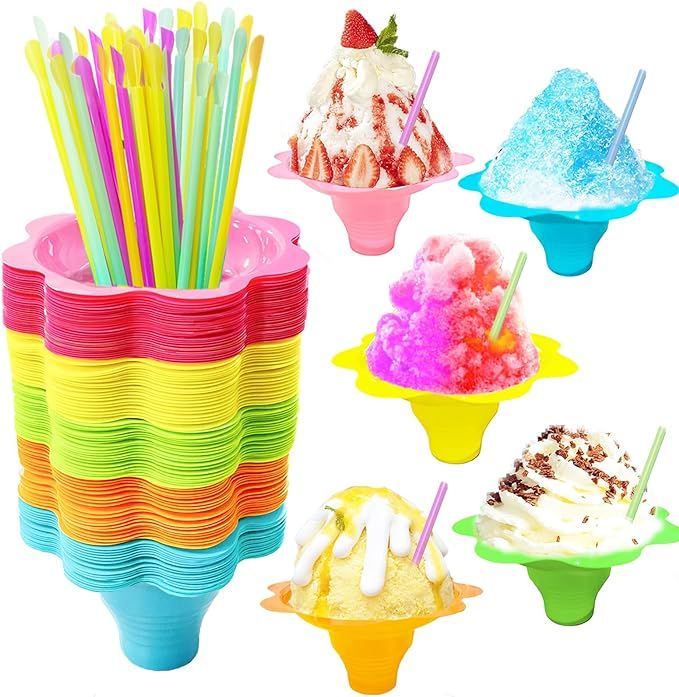 Szsrcywd 200Pcs 4oz Colorful Snow Cone Cups with Spoon Straws,Flower Shaped Ice Cream Snacks Cup ... | Amazon (US)
