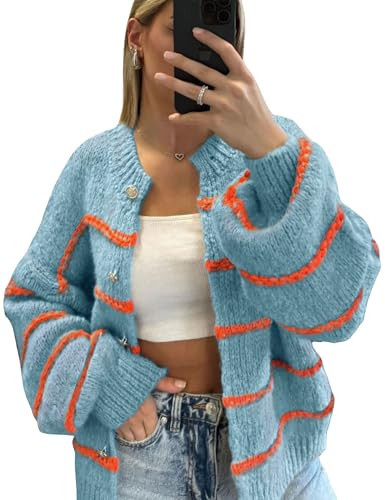 QIBABU Womens Striped Cardigan Sweaters Casual Open Front Long Sleeve Button Down Knit Outwear(2132-LightBlue-M-QB) | Amazon (US)