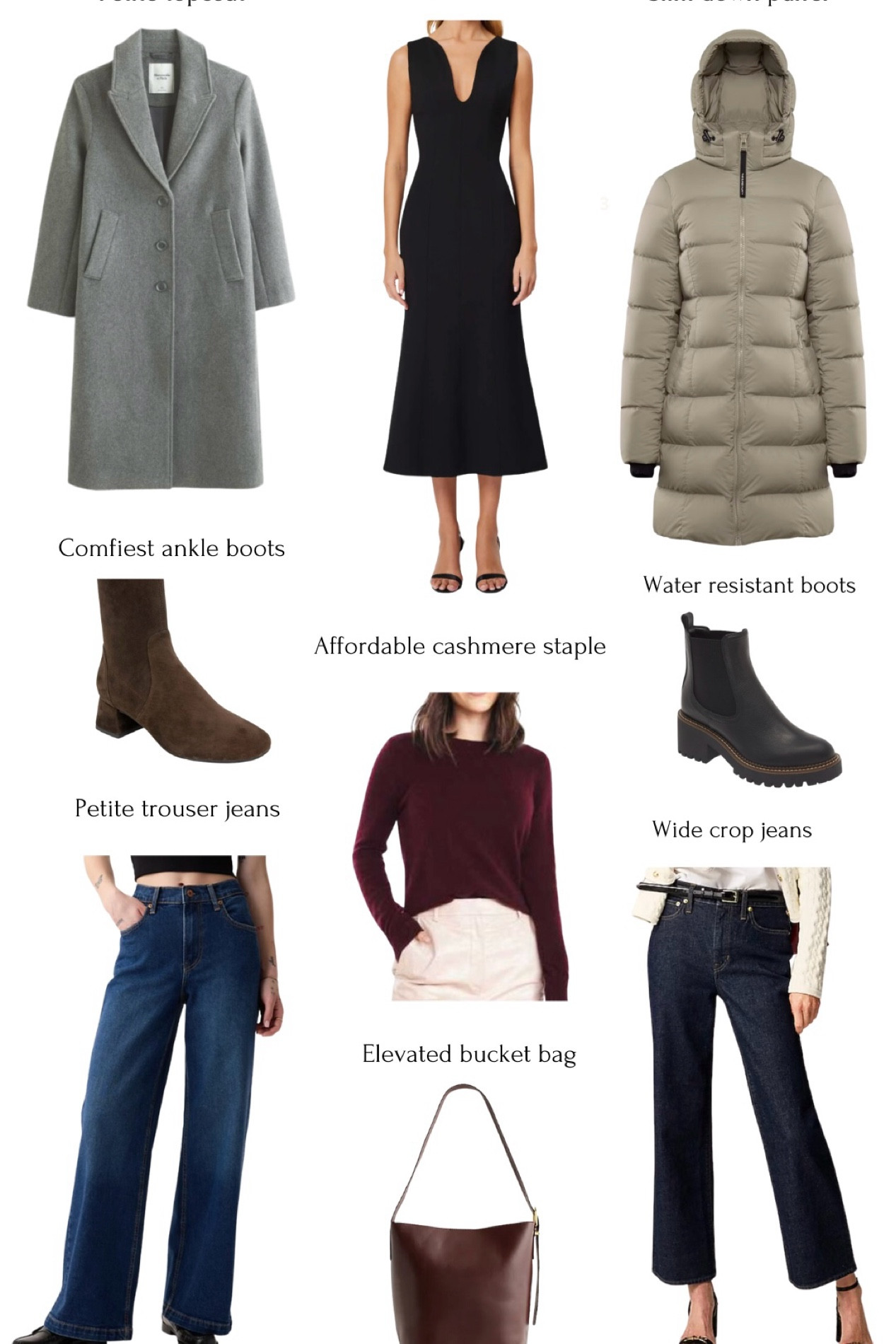 2024 fall / winter bestsellers! You can find separate LTK posts via the search box for each of these 

• Abercrombie wool topcoat - I take size xxs petite, TTS. Thicker weight with a full lining. Straighter cut with room to layer

• Nordstrom Elliatt longer midi dress - I take xxs, TSS. Shown as midi but hits me as maxi. Fitted, thicker, durable weight ponte-like fabric that is very shapely and flattering. fabric is thick enough I didn’t need an adhesive bra or anything 

• Aritzia supersnug puffer mid length - Water and wind resistant, very warm and lightweight. The xxs (2XS ) in the super snug style is a very slim fit on me through the torso and arms. 

They have short, Mid, and Long. I am 5 feet tall and mid hits me right above the knees.

• Gap trouser jeans - the cut is very flattering but FYI even petite length is long so I wear them with heels. Typical of gap, 24 petite Waist is a little loose on me. 

• J. Crew slim-wide jeans - I take size 24P, and love this dark blue resin rinse. These are some of my most flattering crop jeans. Slightly wide straight cut, works well with flats, heels, or booties for me. 

Jcrew jeans also run a little big at the waist. If you’re very petite and want jeans that fit with no waist gap, Levi’s wedgie straight cut is smaller fit and Abercrombie ultra high rise ankle is as well! 

• Kenneth Cole gentle souls booties 5.5  - I walk all around the city in these! Runs a little narrow so I sized up to my bigger half size. Comfy, well cushioned, and with arch support. Slim stretchy shaft with zipper is comfortable and easy to fit under pants and jeans leg openings. 

• Caslon water resistant boots - some of my staple winter boots. Runs half size big so I took size 5 with room for thicker socks. 

• Quince $50 Cashmere sweater - such great quality at an affordable price! 

For petites, I prefer their shrunken cashmere sweatshirt cut for a slightly smaller fit but it’s often out of stock 

• Madewell essentials bucket bag - great “everything” tote, easily fits a laptop! 

Gifts for her, holiday gift guide, petite friendly winter coats

#LTKSeasonal #LTKSaleAlert #LTKGiftGuide