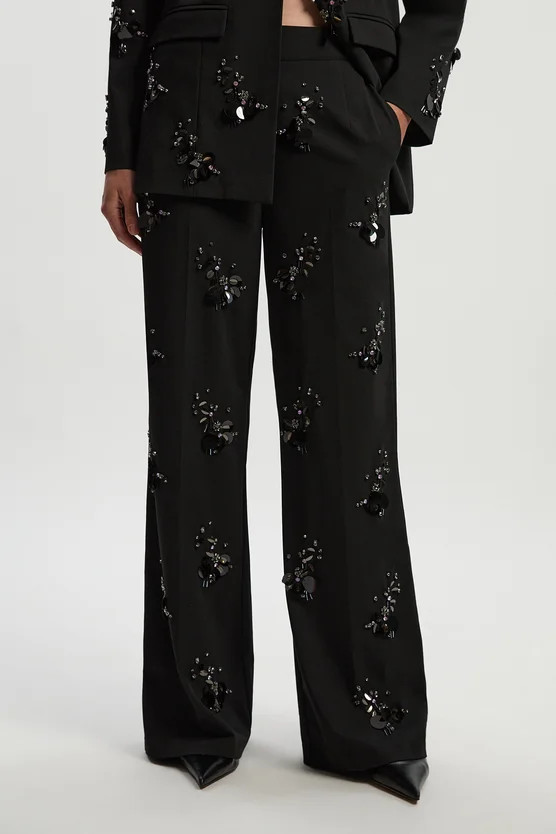 Cluster Sequin & Crystal Embellished Tailored Wide Leg Trouser | Karen Millen US