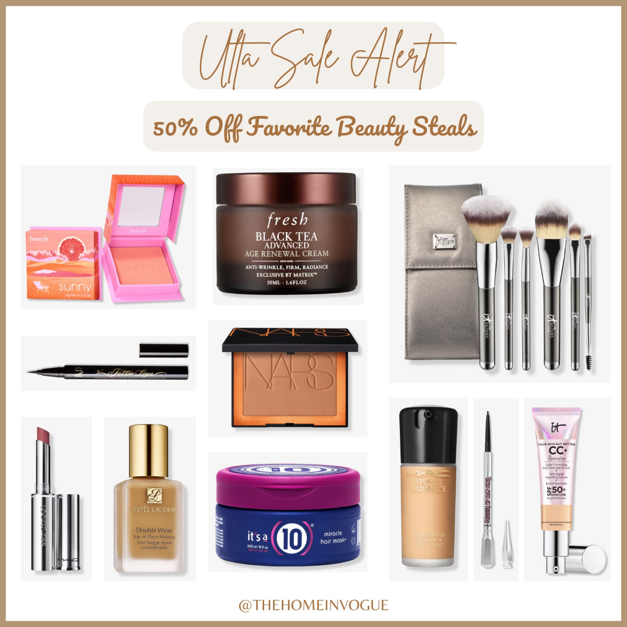 Ulta Beauty favorites, 50% off beauty and skincare essentials, Ulta Beauty sale, It Cosmetics foundation brush, it cosmetics makeup brushes, nars laguna bronzer, Benefit Cosmetics blush, fresh anti aging cream, Estée Lauder foundation, KVD Beauty Tatoo eyeliner, Benefit Cosmetics , moisturizer, Mac foundation, Bobbi brown bronzer, Mac Studio fix foundation, hair mask

#LTKFallSale 

#LTKBeauty #LTKStyleTip