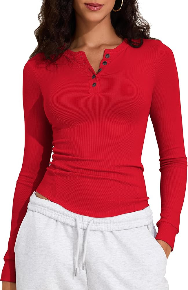 PrettyGuide Women's Long Sleeve Henley Shirt Fitted Ribbed Knit Stretchy Casual T Shirts Layering... | Amazon (US)