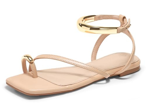Coutgo Womens Strappy Flat Sandals Flip Flops Open Toe Ring Sandals Metal Ankle Strap Summer Beach Shoes, Nude, Size 7 | Amazon (US)