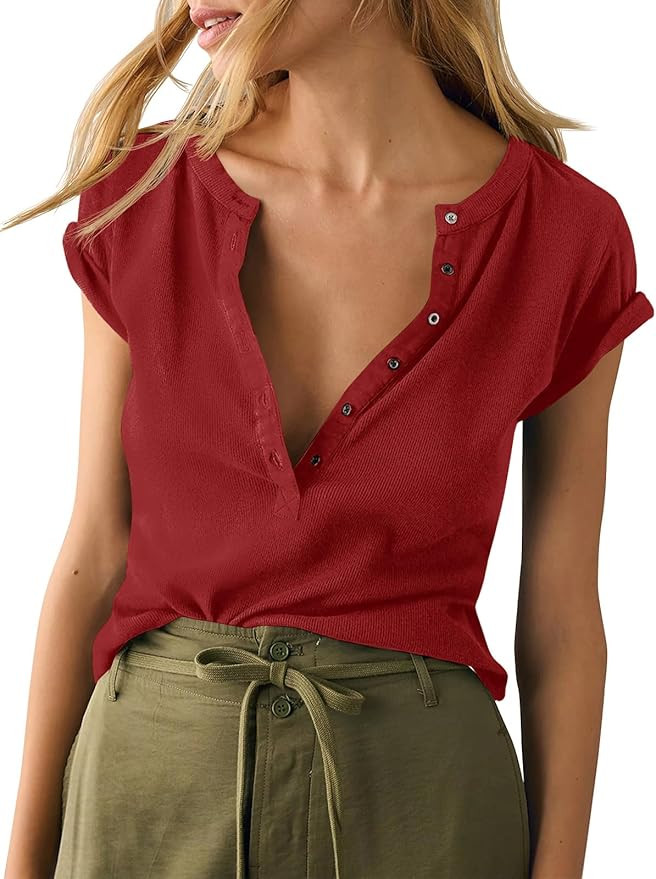 Tankaneo Women Deep V Neck Low Cut Tops Casual Ribbed Knit Henley T-Shirts Summer Short Sleeve Te... | Amazon (US)