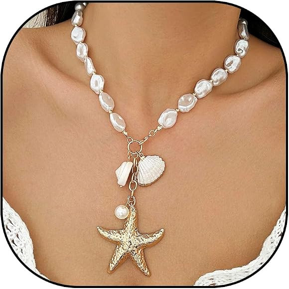 Gold/Silver Charm Necklace Shell Starfish Pearl Necklace Oversized Shells and Clam Necklace Boho ... | Amazon (CA)