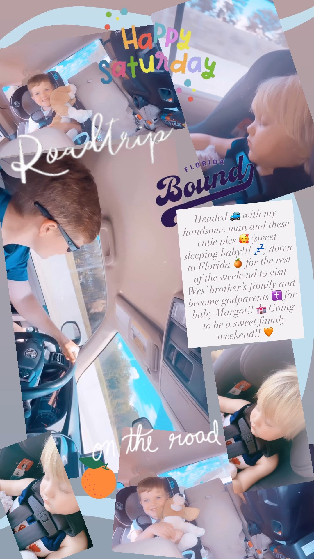 Headed 🚙 with my handsome man and these cutie pies 🥰 (sweet sleeping baby!!! 💤) down to Florida 🍊 for the rest of the weekend to visit Wes’ brother’s family and become godparents ✝️ for baby Margot!! 💒 Going to be a sweet family weekend!! 🧡