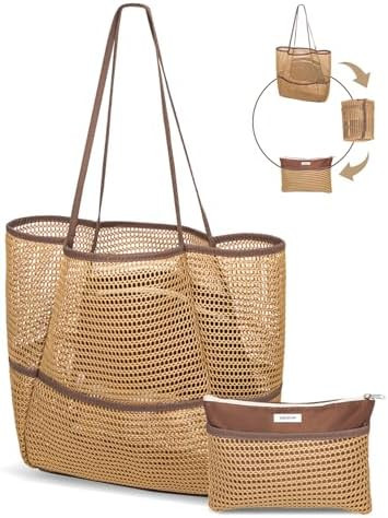 Mesh Beach Tote Bag Packable,2025 New 2-in-1 Large Lightweight Foldable Beach Bags with Multiple ... | Amazon (US)