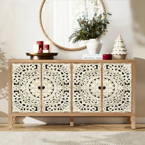 Furnivado Buffet Cabinet with Storage, Accent Cabinet with 4 Carved Doors, Solid Wood Sideboard with Adjustable Shelf, Vintage Cabinets for Kitchen, Living Room, Entryway, White&Natural | Amazon (US)