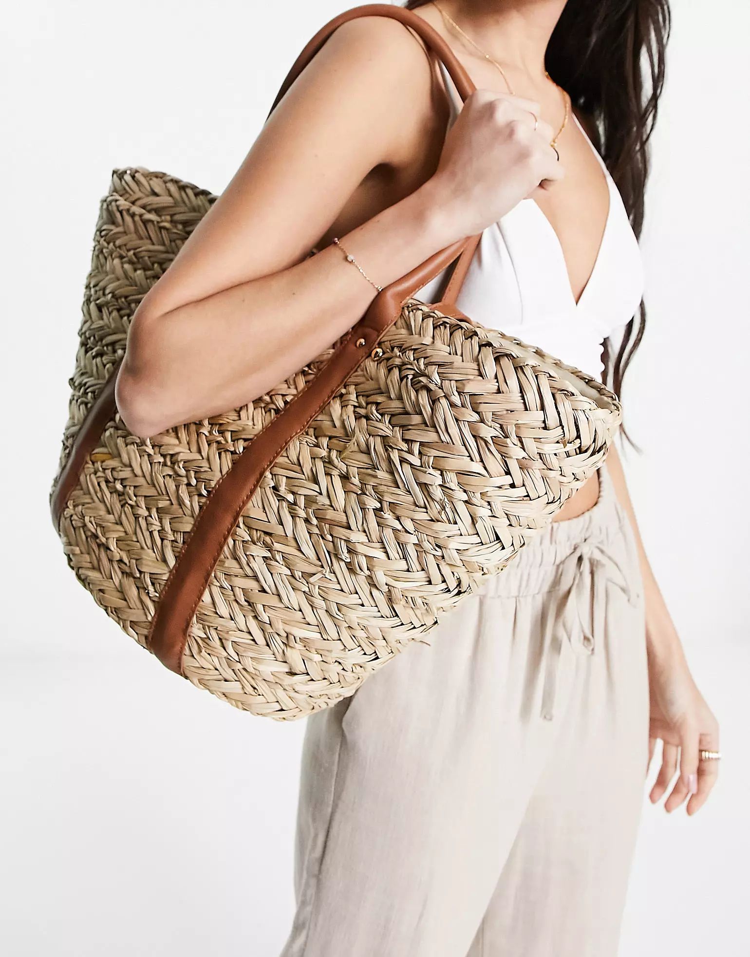 South Beach double band straw tote beach bag in beige and brown | ASOS (Global)