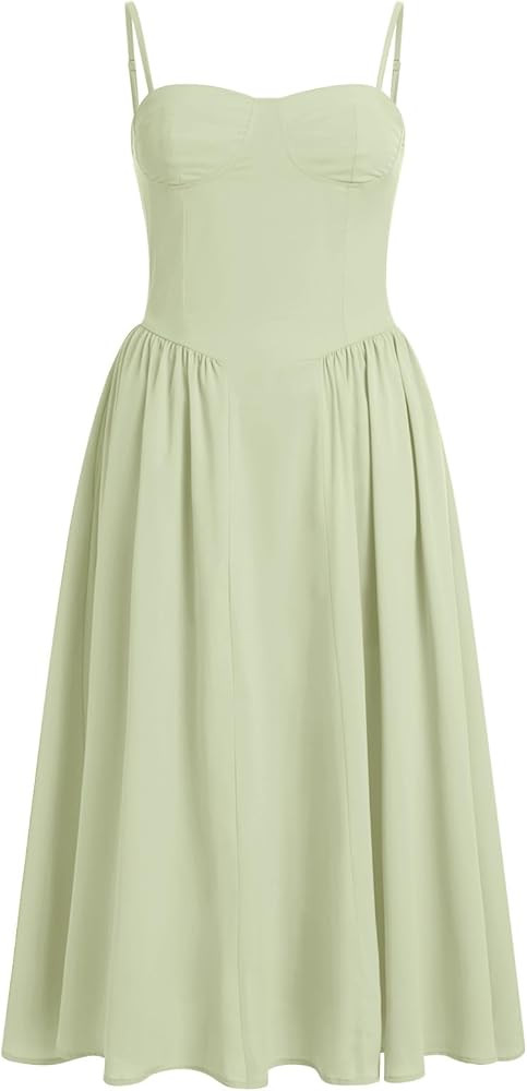 Women Floral Corset Dress Boho Spaghetti Strap Lace Up Casual Midi Dresses with Pockets Low Cut F... | Amazon (US)