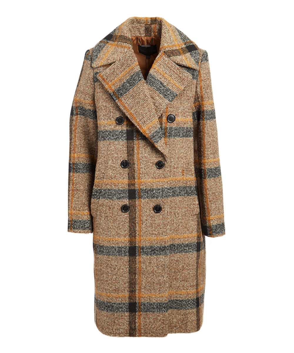 KENDALL + KYLIE Women's Car Coats Brown - Brown & Gray Plaid Notched Lapel Peacoat - Women | Zulily