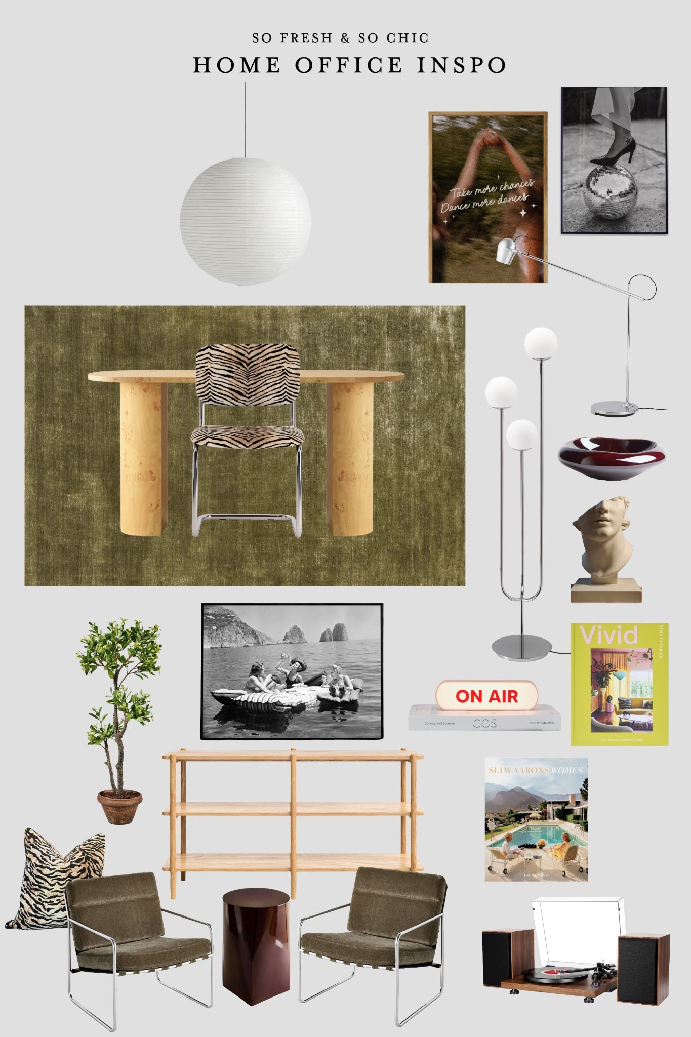 Feminine modern home office design 
/
Burl wood desk Wayfair office furniture / zebra print velvet pillow cover - ikea home decor / ikea floor lamp / paper lantern - oversized ceiling lamp / green arrel rug rugsuss Arvin Olano / Etsy home decor / Etsy bust / Wayfair low bookshelf / Etsy printable art / digital art prints / zebra print chair smallable / target metal frame armchairs / coffee table books Amazon - on air light - high low home office design inspo 

#LTKHome #LTKSaleAlert #LTKFindsUnder100