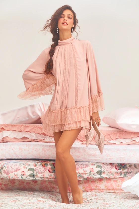 Sidonie Blush Pink Lace Bell Sleeve Mini Dress | Lulus