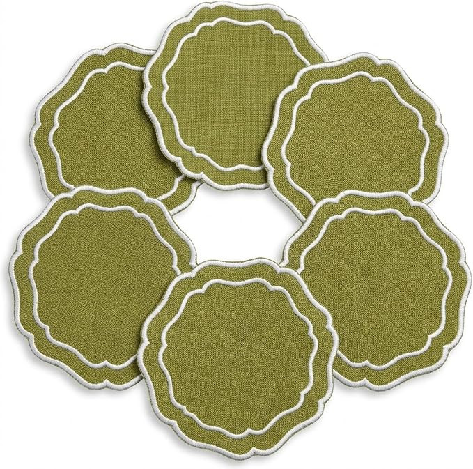 Linen Coasters for Drinks Set of 6, Fabric Coasters with Scalloped Edge, Absorbent Cloth Coasters... | Amazon (US)