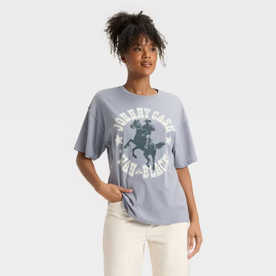 Women's Johnny Cash "Man in Black" Short Sleeve Graphic Oversized T-Shirt - Blue | Target