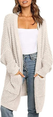 YIBOCK Womens Kimono Long Batwing Sleeve Open Front Chunky Cable Knit Cardigan Sweater | Amazon (US)