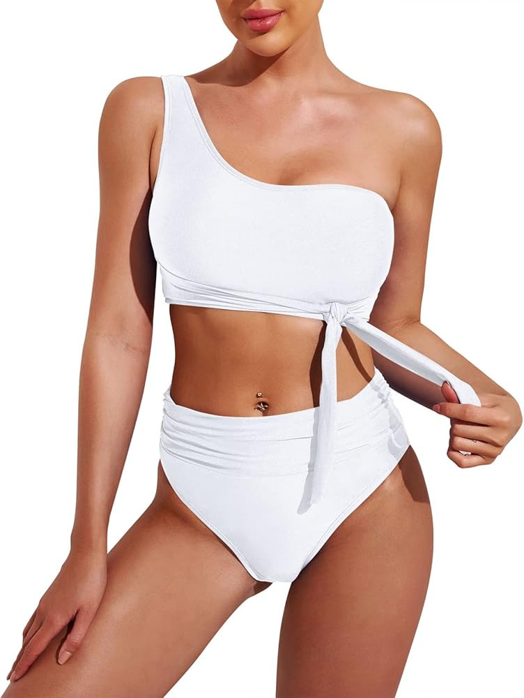 Pink Queen Women's One Shoulder High Waisted Bikini Set Two Piece Tie High Leg Swimsuit | Amazon (US)