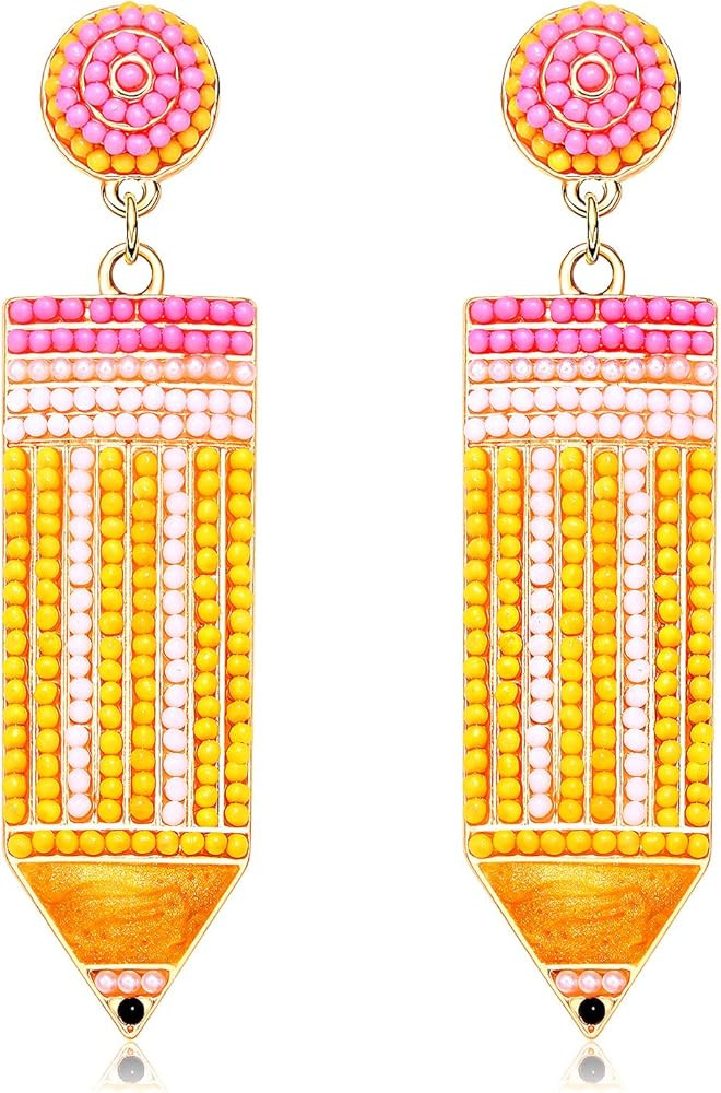 Teacher Earrings Beaded Pencil Earrings for Women Handmade Beaded Dangle Drop Earrings Back To Sc... | Amazon (US)
