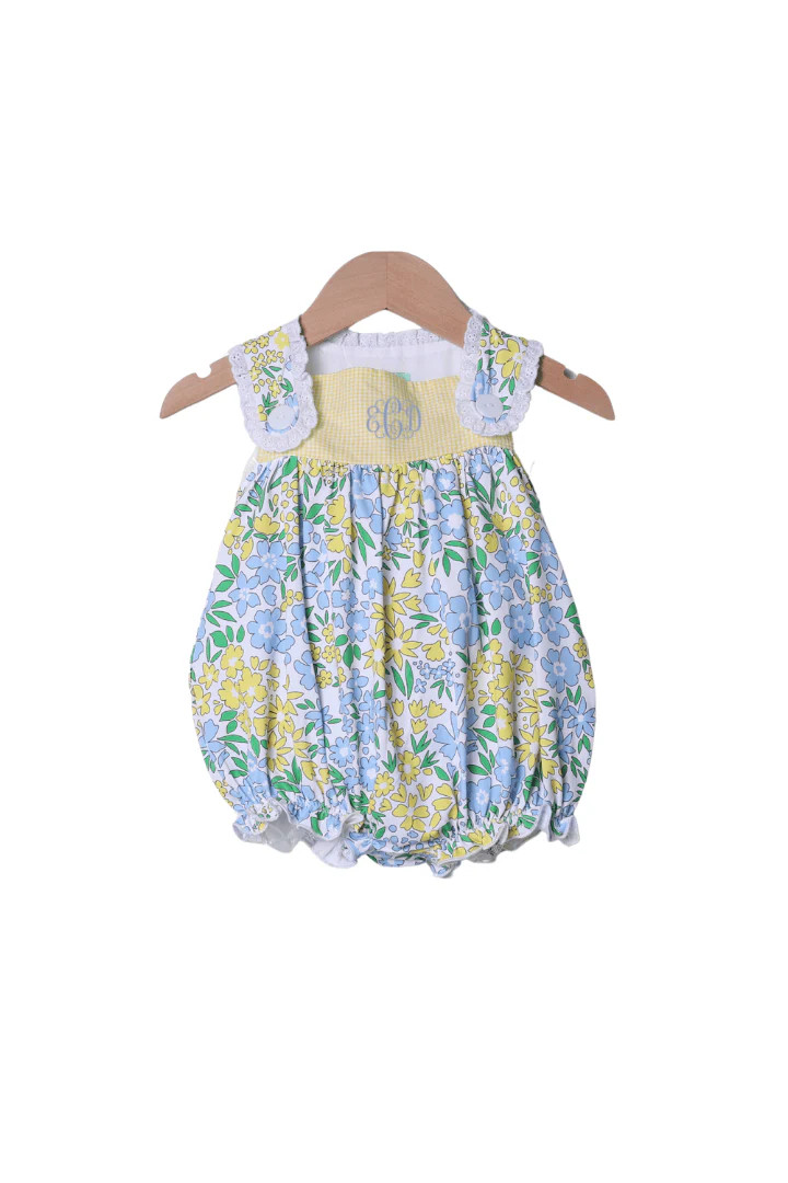Yellow and Blue Floral Ruffle Bubble | The Smocked Flamingo