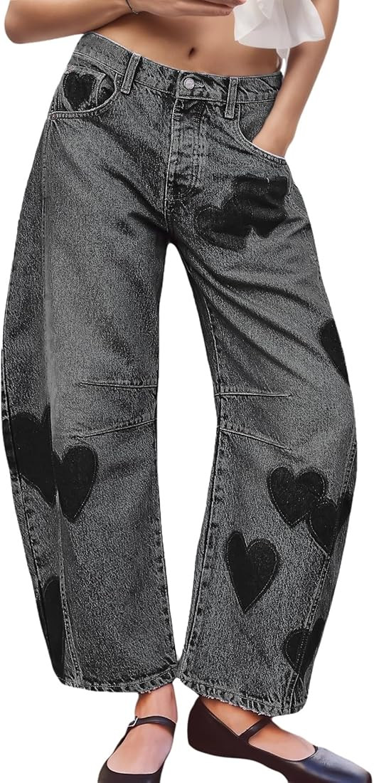 LifeShe Women's Wide Leg Baggy Jeans Low Waist Heart Barrel Loose Jean Valentine's Day Denim Pant... | Amazon (US)